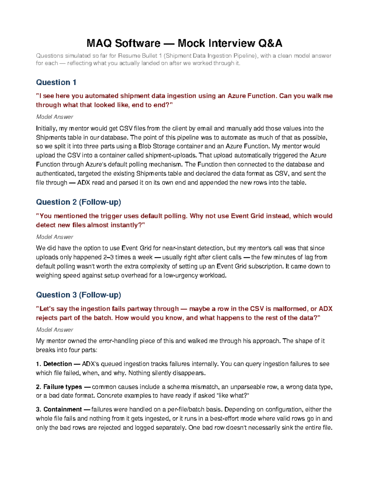 MAQ Software Mock Interview Questions for Shipment Data Pipeline - Studocu