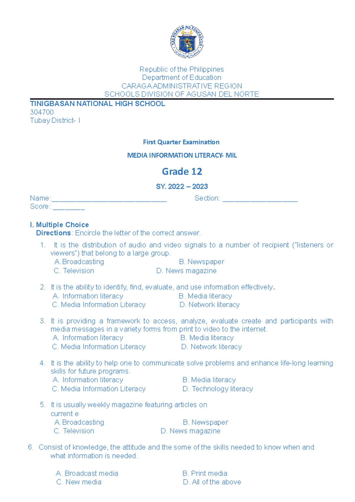 Media Information Literacy (MIL) Grade 12 First Quarter Exam 2022-2023 ...