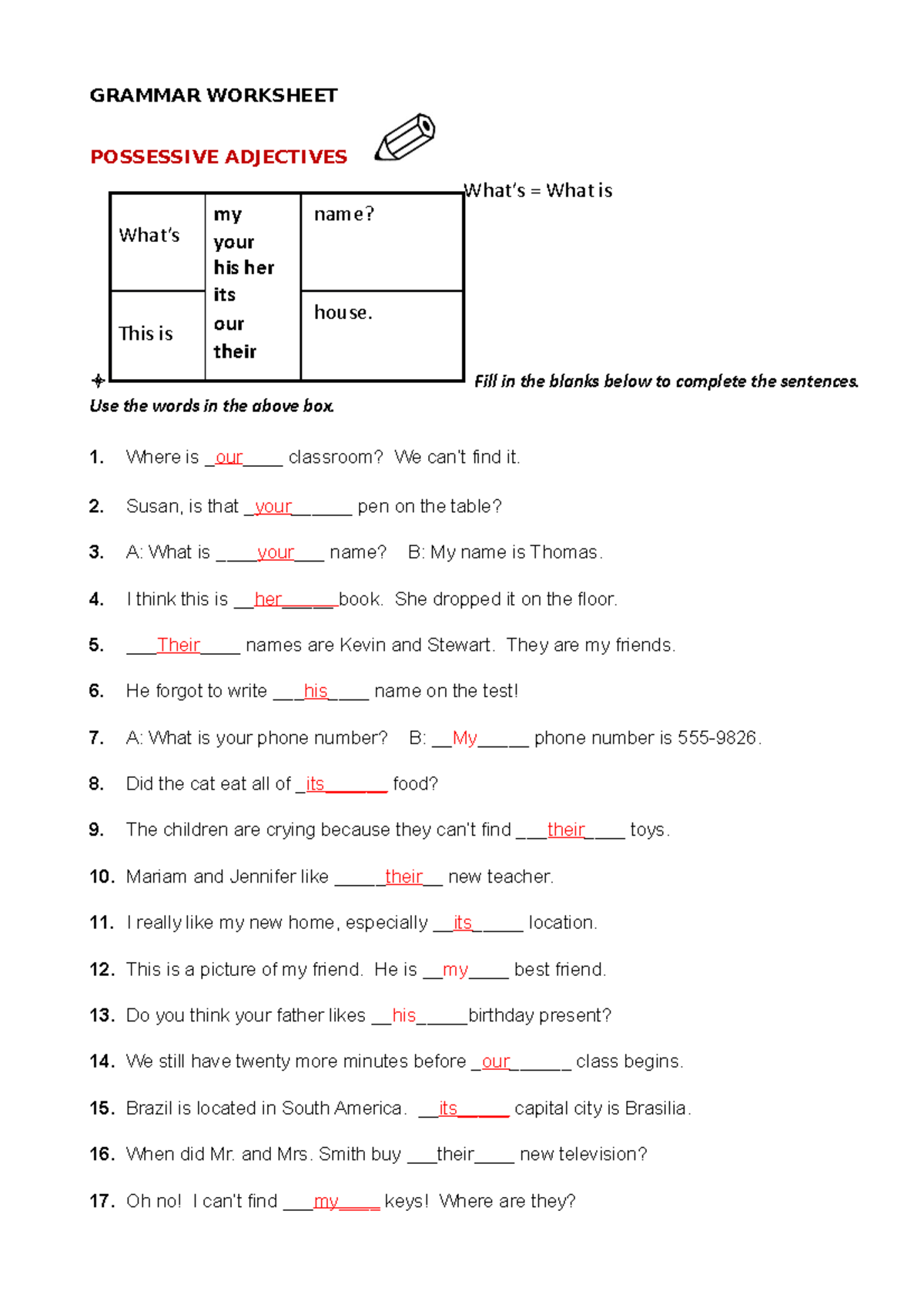 Possessive Adjective Exercise Worksheet for Grammar Practice - Studocu