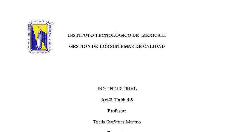 Act#1 Unidad 3 - TAREA: Gestión de Sistemas de Calidad ISO 9001 - Studocu
