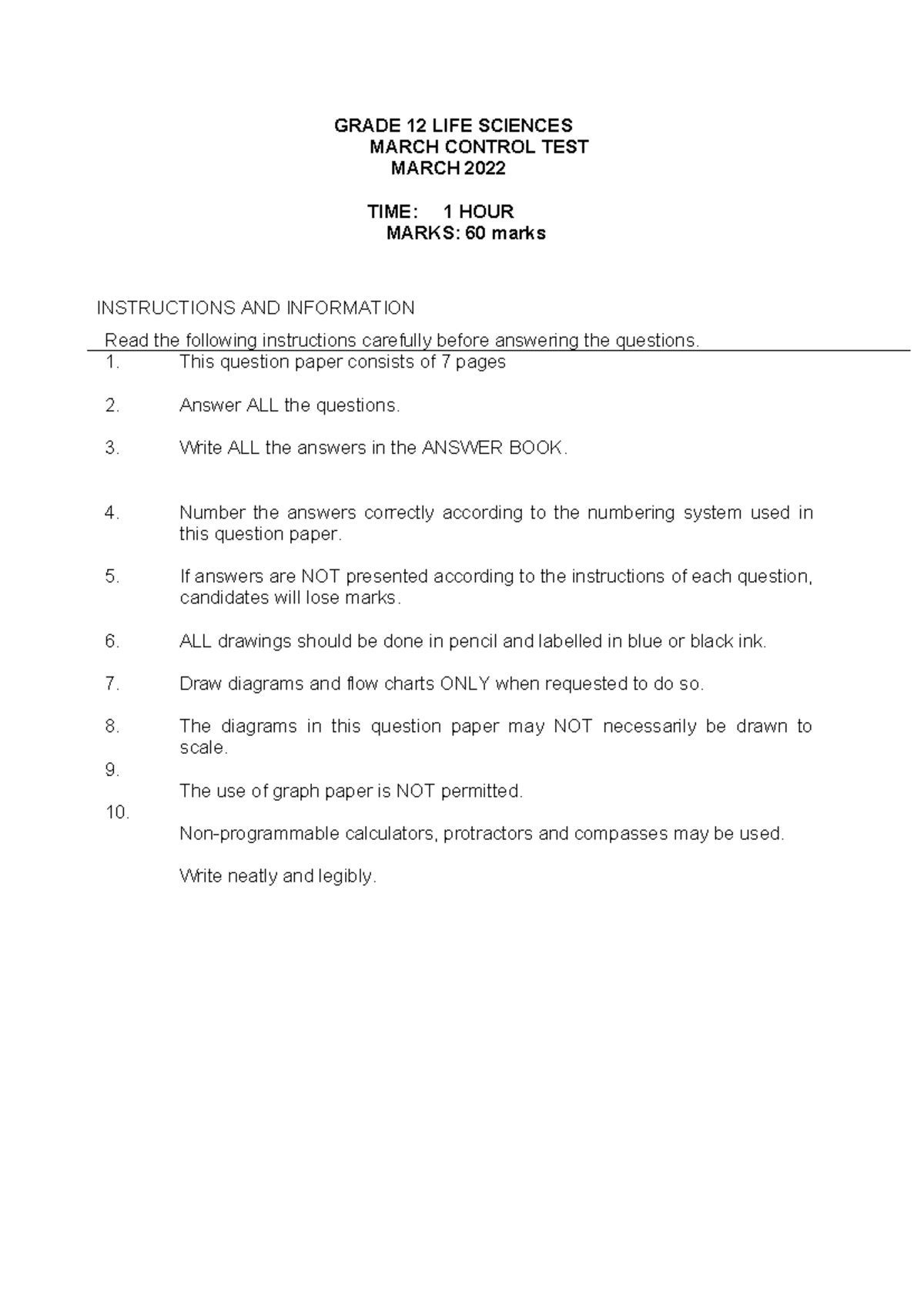 GRADE 12 LIFE SCIENCES MARCH CONTROL TEST 2022 - 60 MARKS - Studocu