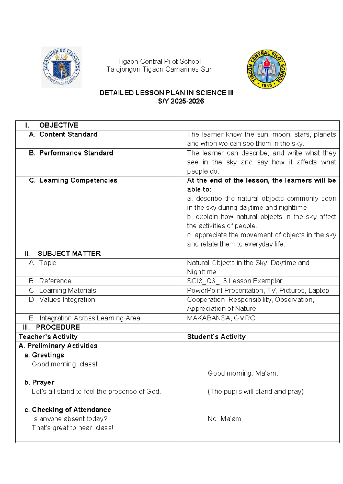 Detailed Lesson Plan in Science I: Natural Objects in the Sky (20SCI ...