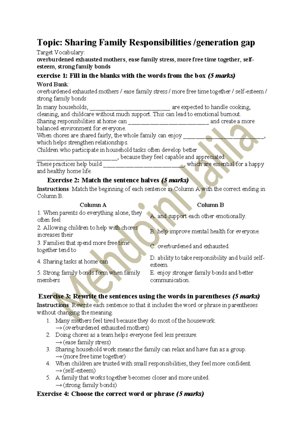 9TH FORM - English: Sharing Family Responsibilities and Vocabulary ...