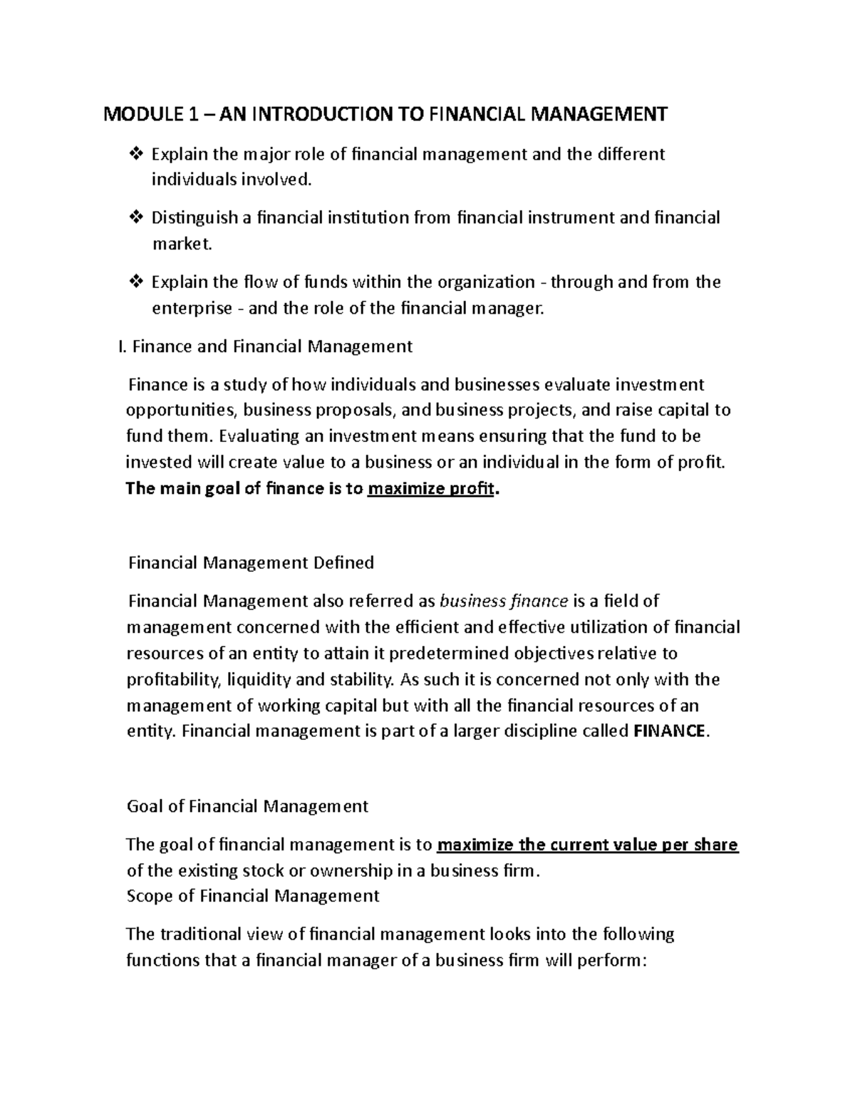 Module 1 - Introduction to Financial Management Lectures Overview - Studocu