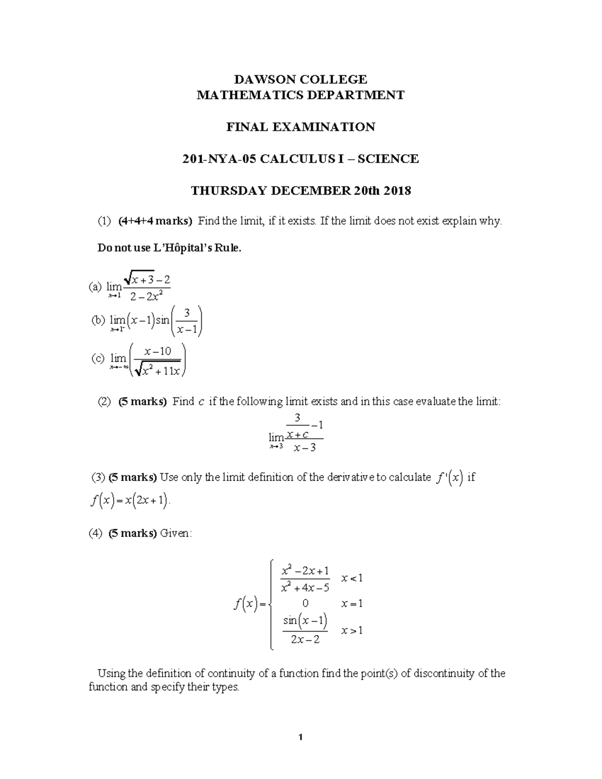 Calculus I Final Exam - 201 NYA 05 - Dawson College Fall 2018 - Studocu