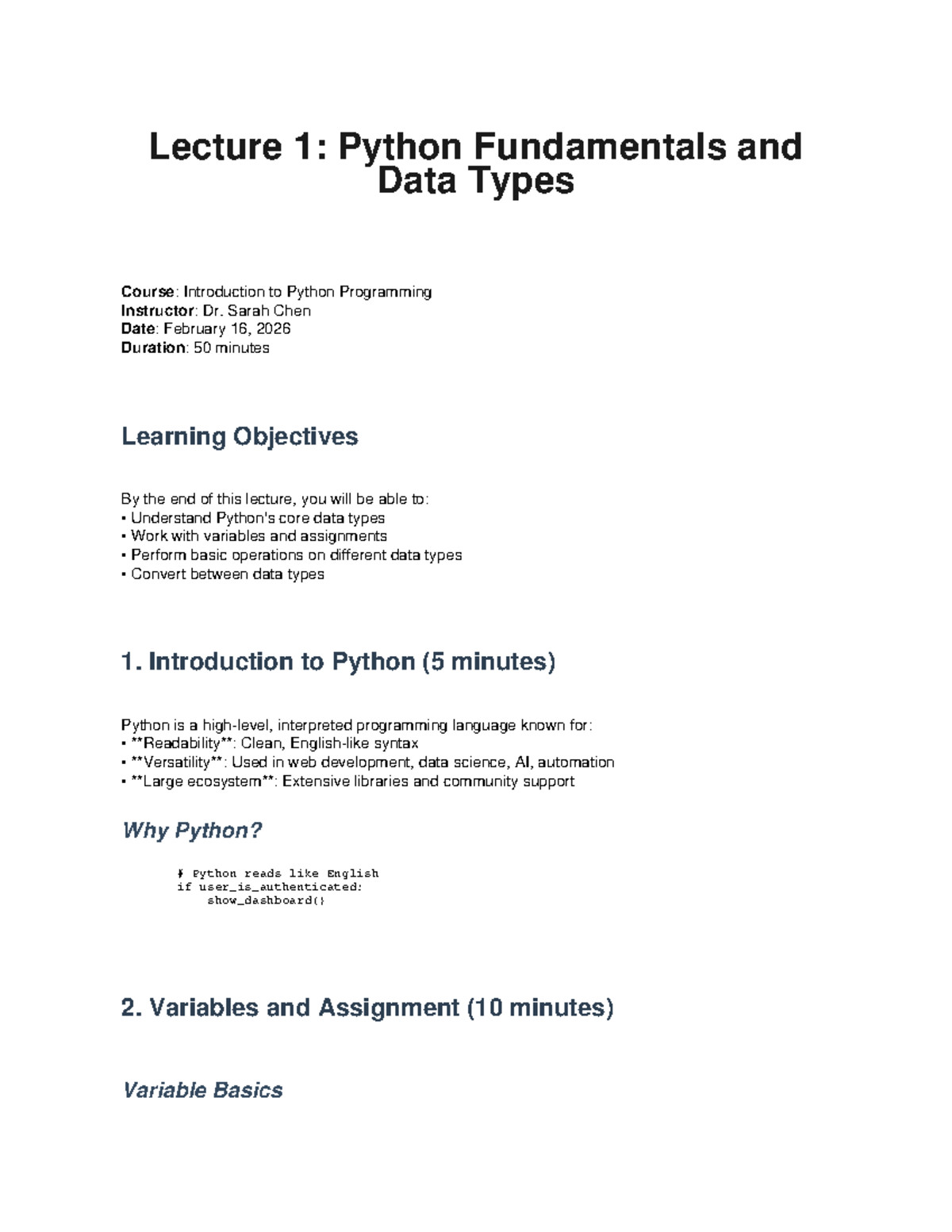 Lecture 1: Python Fundamentals & Data Types (CS101) - Studocu