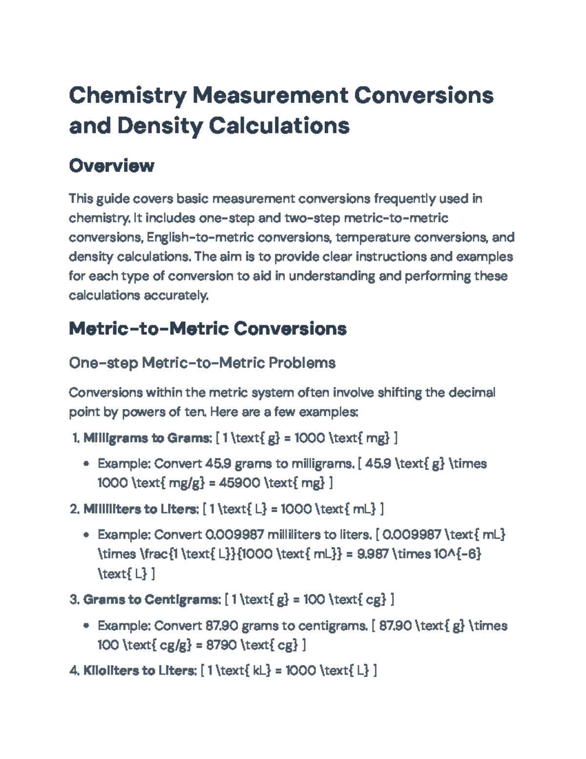 Chemistry Measurement Conversions & Density Calculations Guide ...