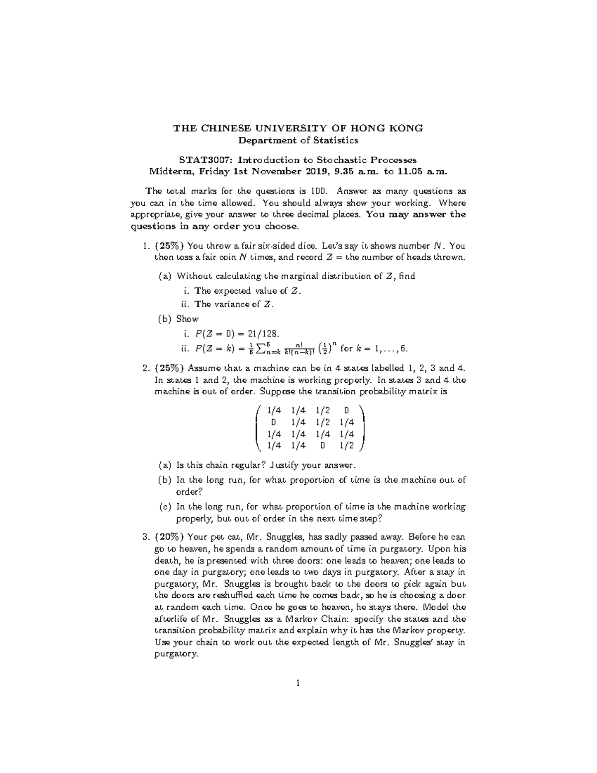 STAT3007 2019-20 Midterm Exam Questions on Stochastic Processes - Studocu