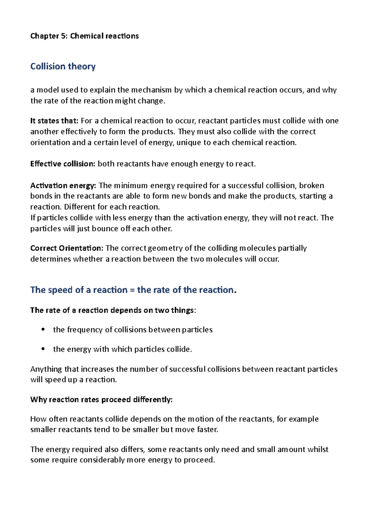 Chemistry Yr 10 - Chapter 5: Chemical Reactions Notes - Studocu