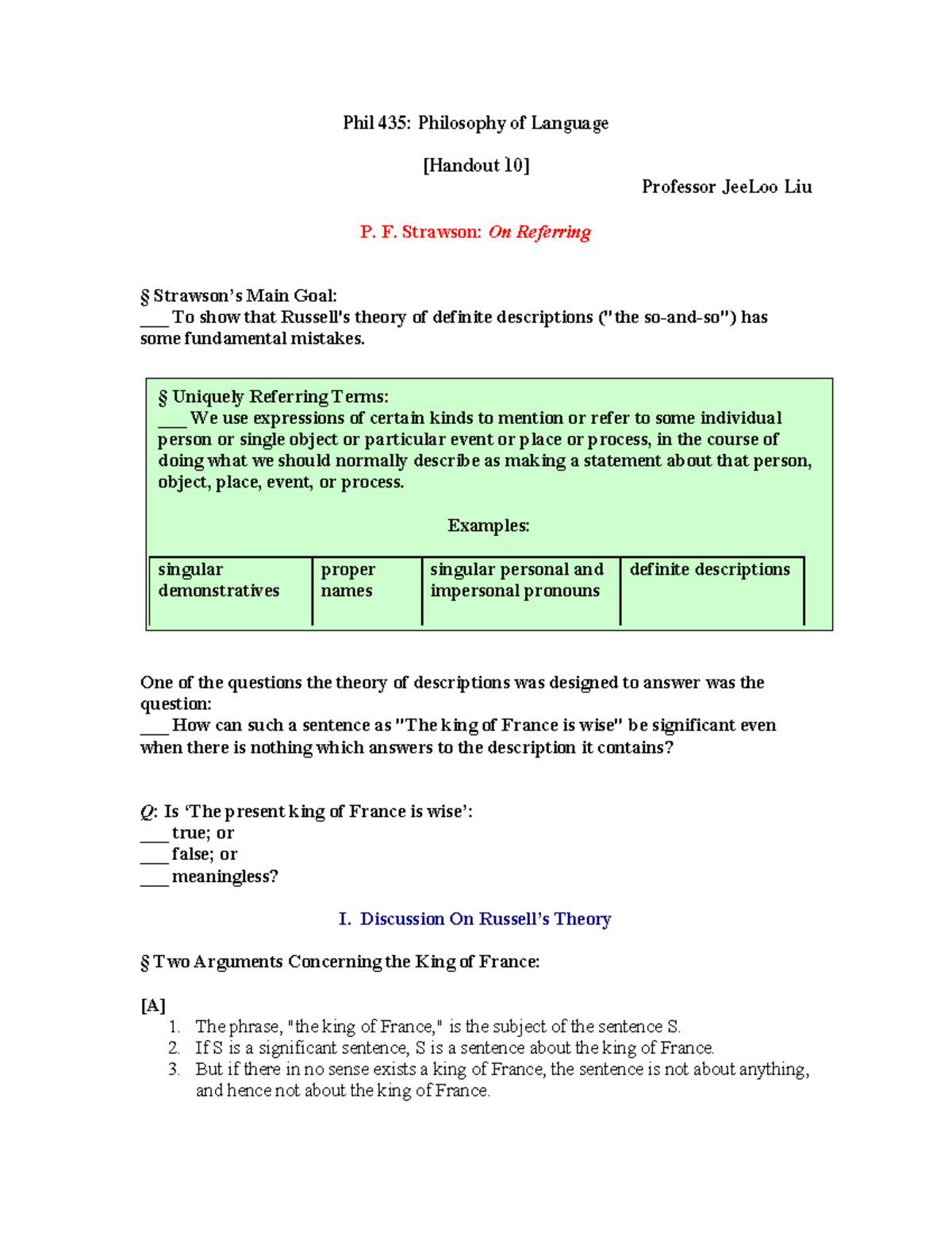 PHIL 435: Handout 10 - Strawson & Donnellan on Definite Descriptions ...