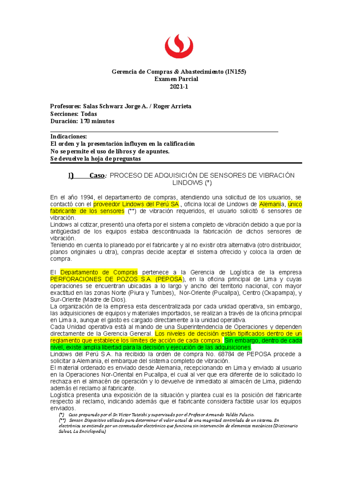 Examen Parcial IN155 - Gerencia de Compras y Abastecimiento 2021 - Studocu