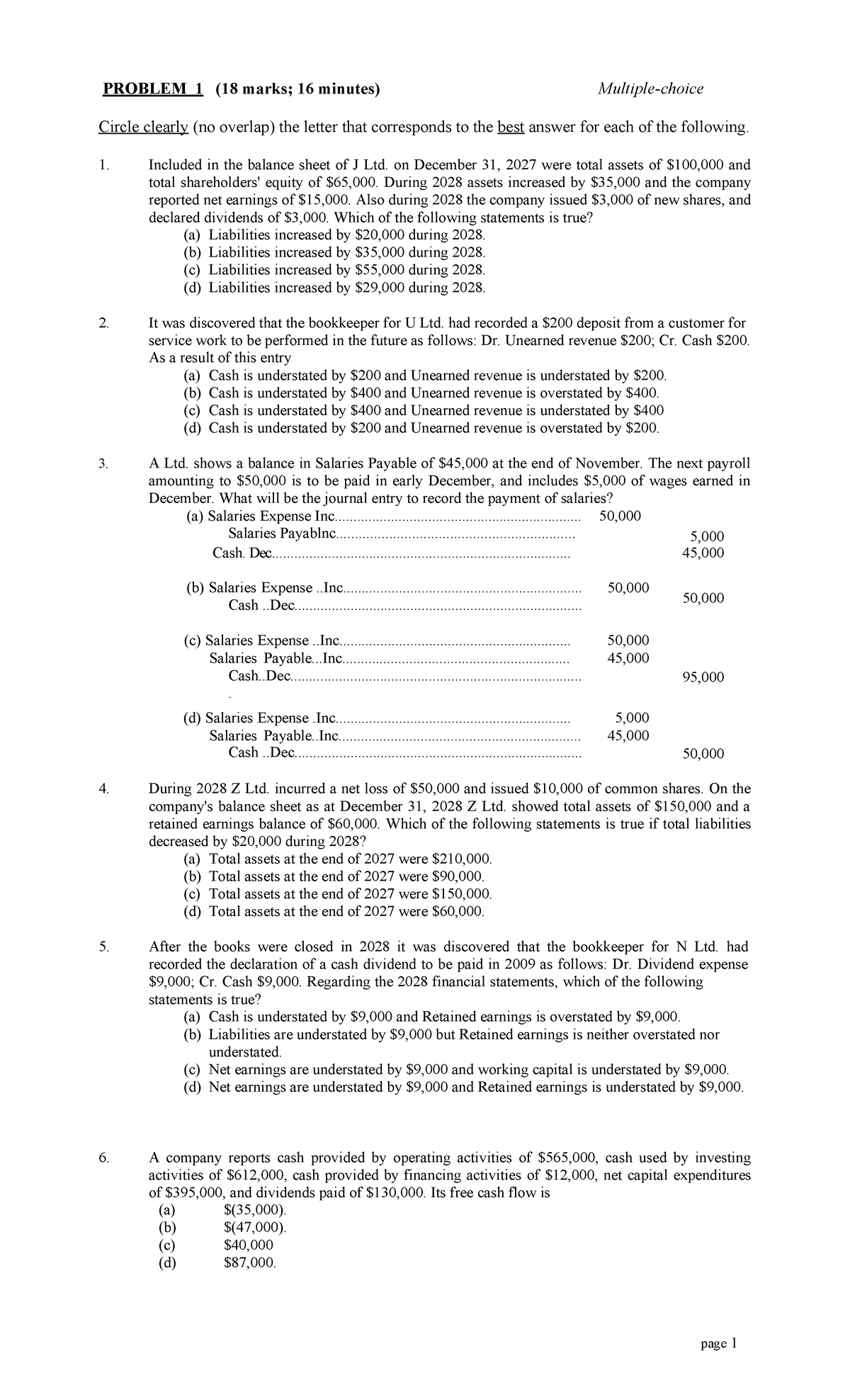 MCQ Final Solutions for Accounting Problems (Course Code: ACCT 101 ...