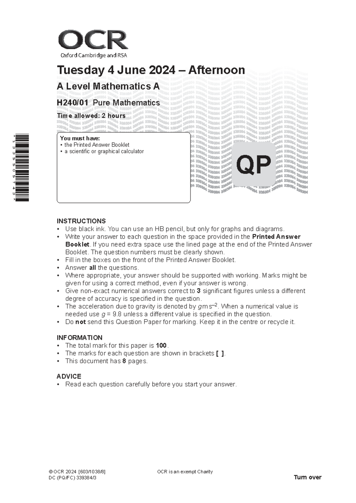 A Level Mathematics A (H240) Exam Paper - June 2024 - Studocu