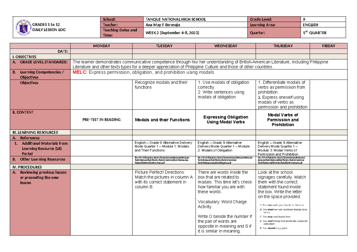English 9 Q1 W1 Using Modals To Express Permission Obligation