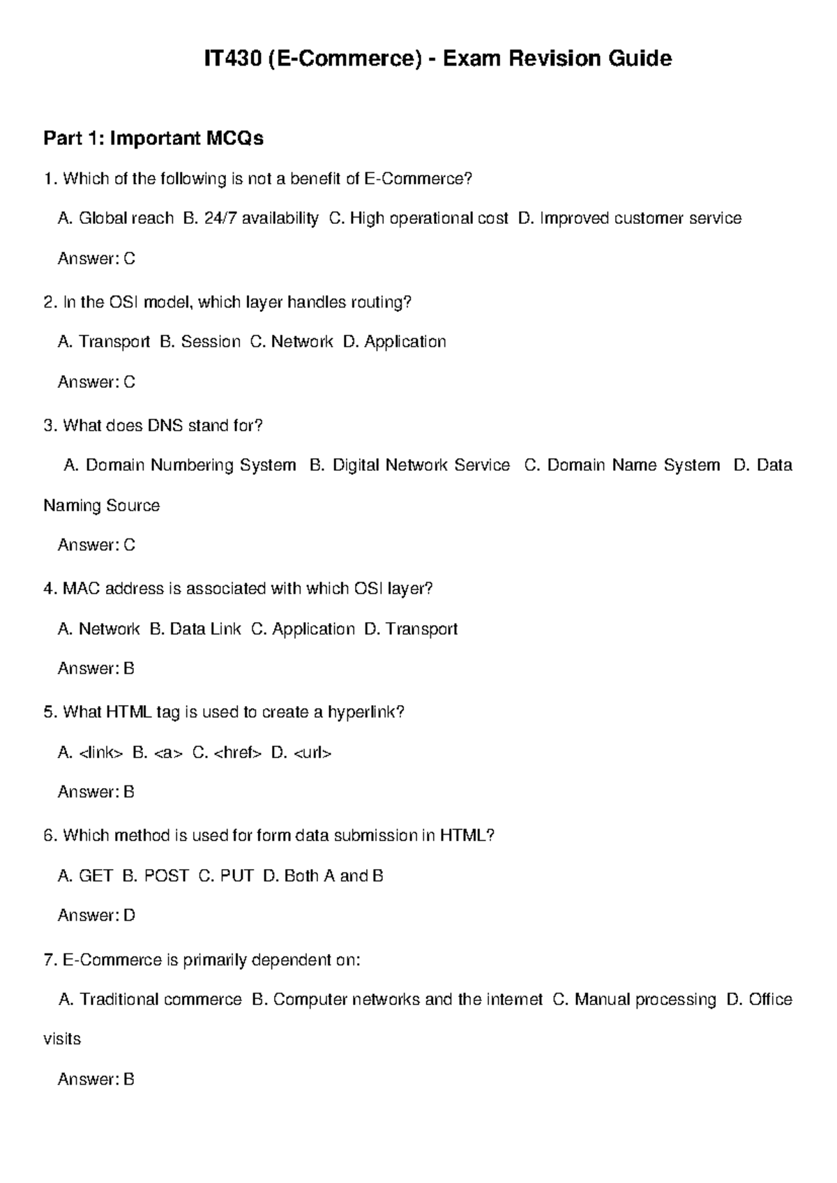 IT430 ECommerce Final Exam Revision Guide: Key MCQs & Concepts - Studocu