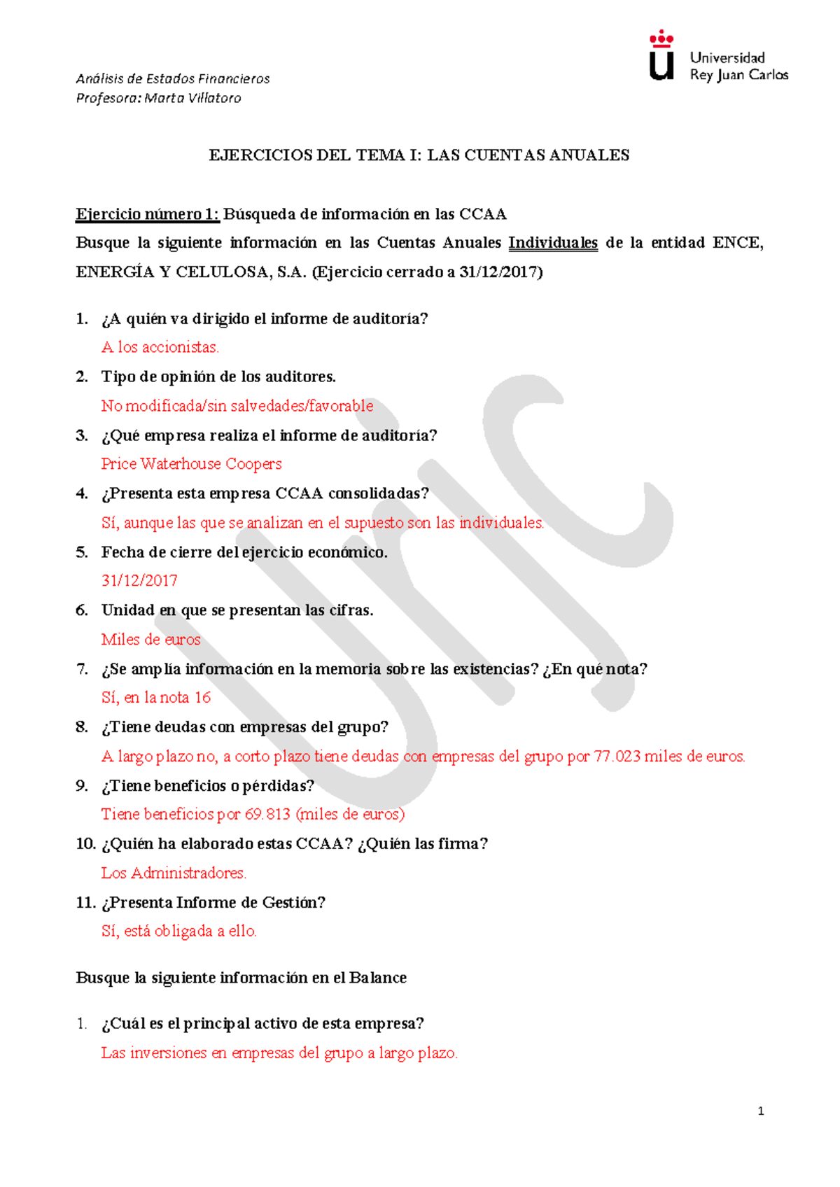 TEMA I: Ejercicios de Análisis de Cuentas Anuales - Informe y Gestión ...