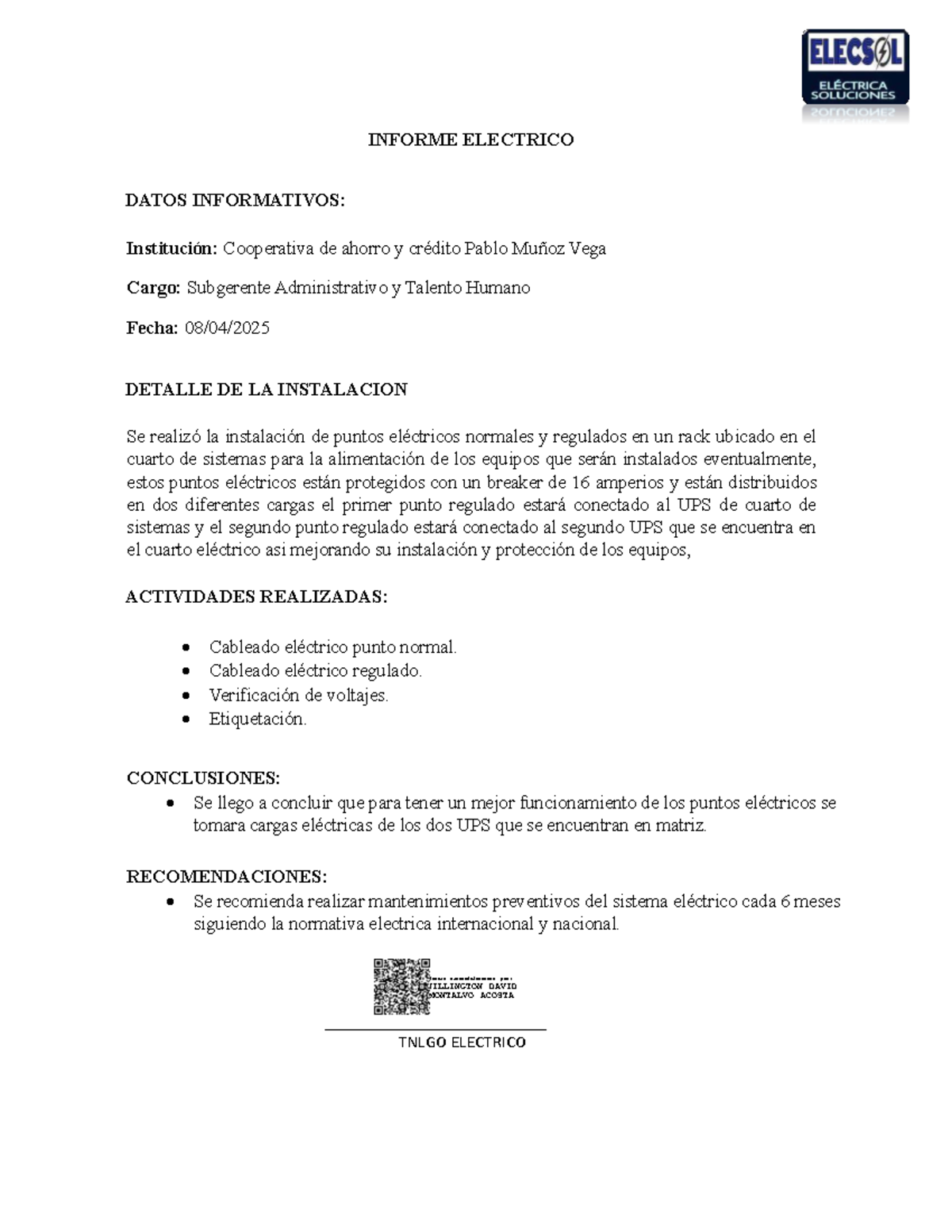 Informe Eléctrico: Instalación de Rack en Cuarto de Sistemas - Studocu