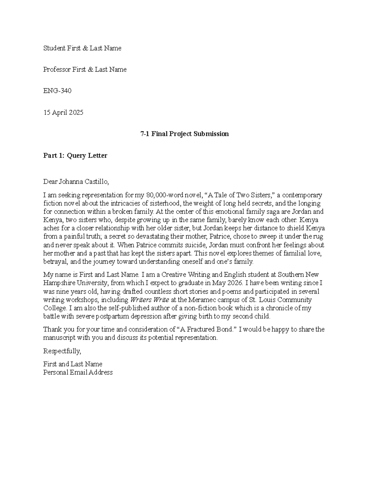 ENG-340 7-1 Final Project: Query Letter & Novel Synopsis - Studocu