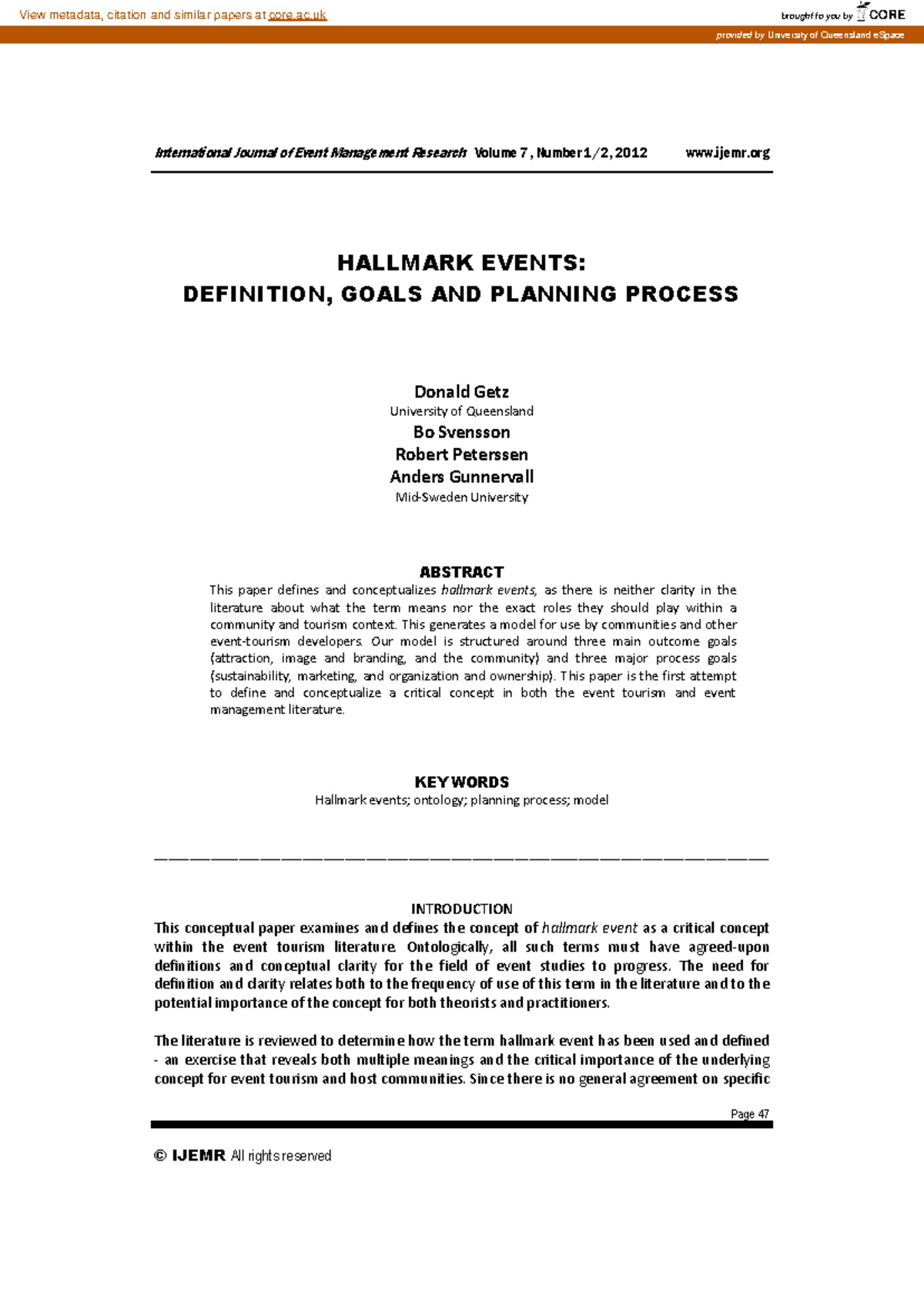 Getz et al. (2012) - Hallmark Events: Definition, Goals & Planning ...