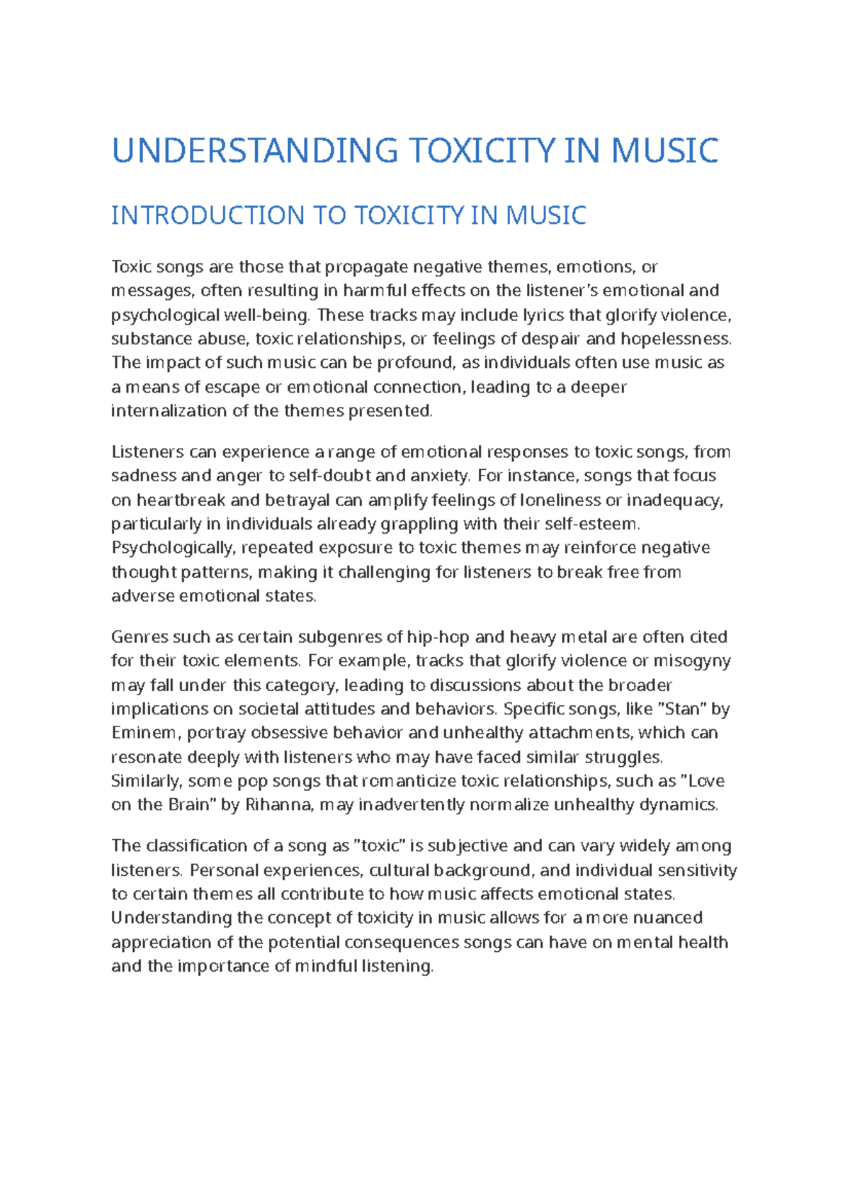 Understanding Toxicity in Music - UNDERSTANDING TOXICITY IN MUSIC ...