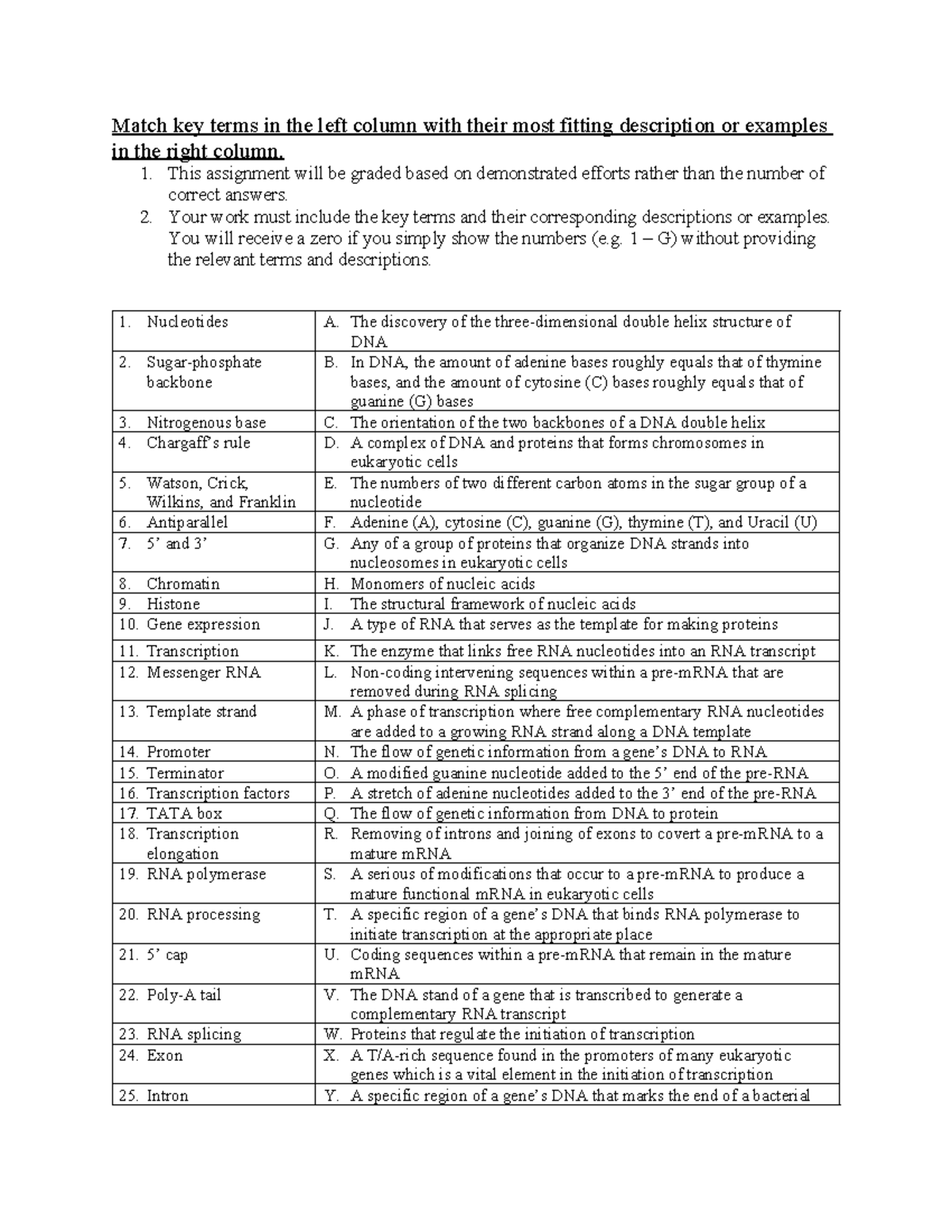 M4.1 Key Terms Matching Assignment for DNA Structure and Function - Studocu