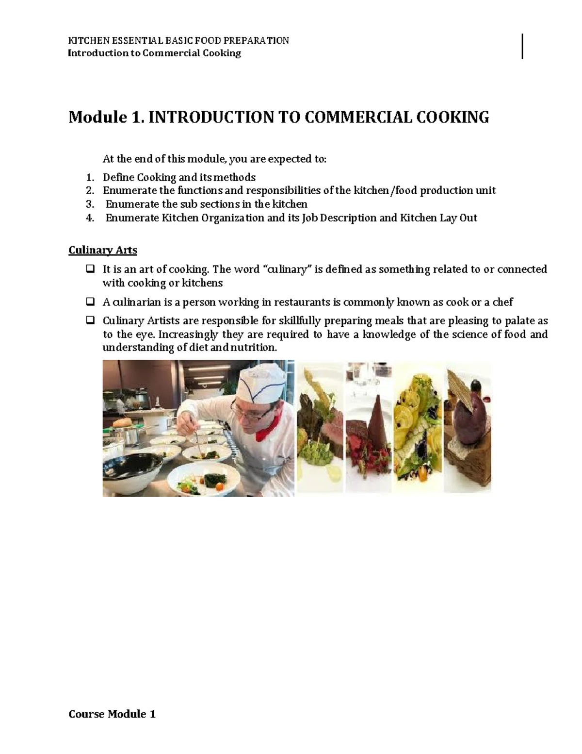W1-Module 1: Intro to Commercial Cooking and Kitchen Organization - Studocu