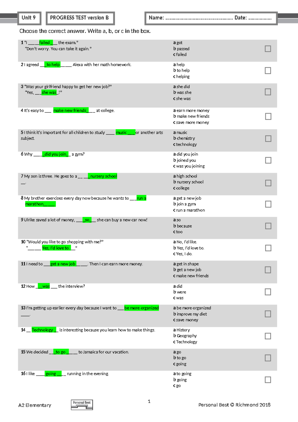 A2 Final Exam Unit 9 Progress Test Version B - Studocu