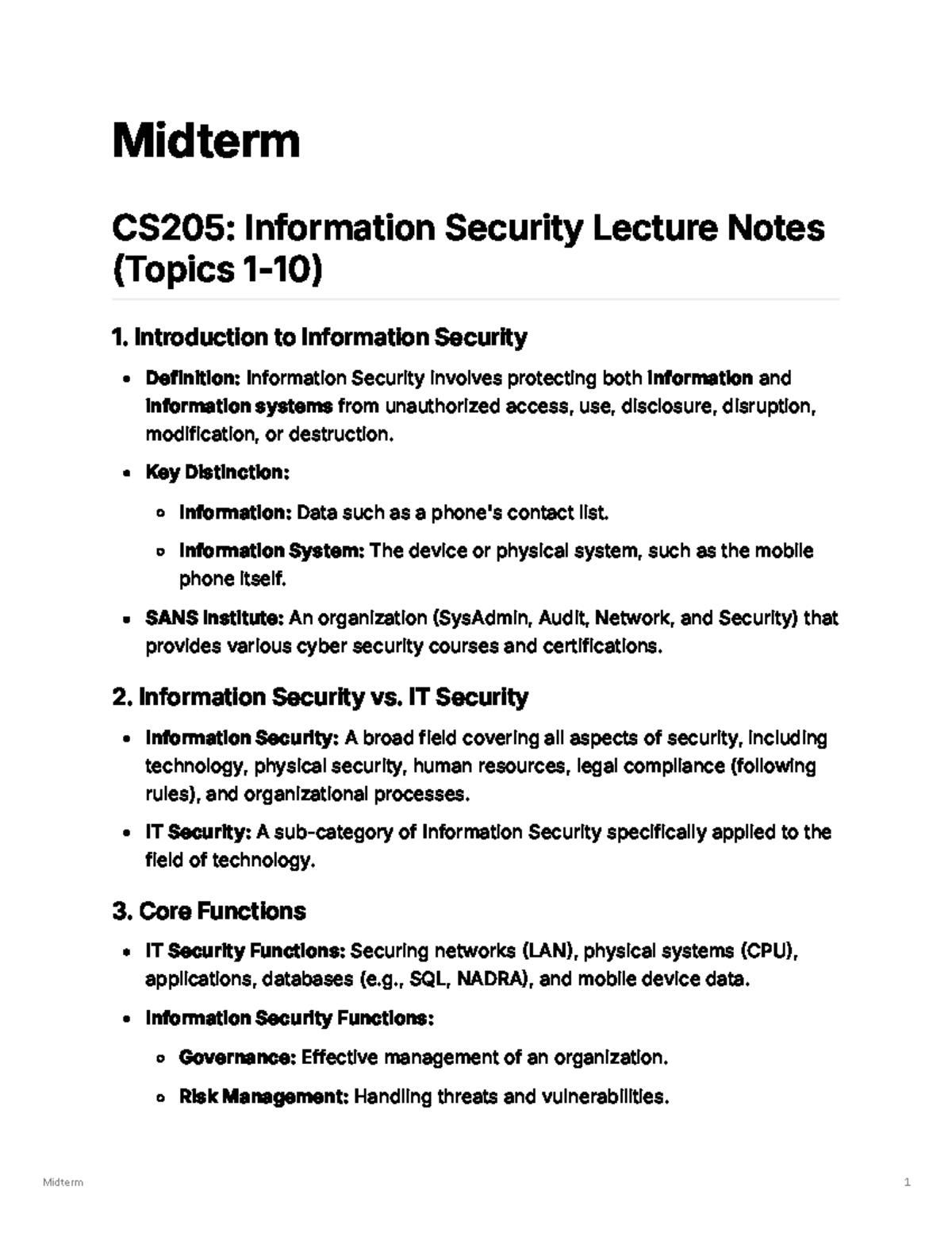CS205 Midterm Lecture Notes: Information Security Overview - Studocu