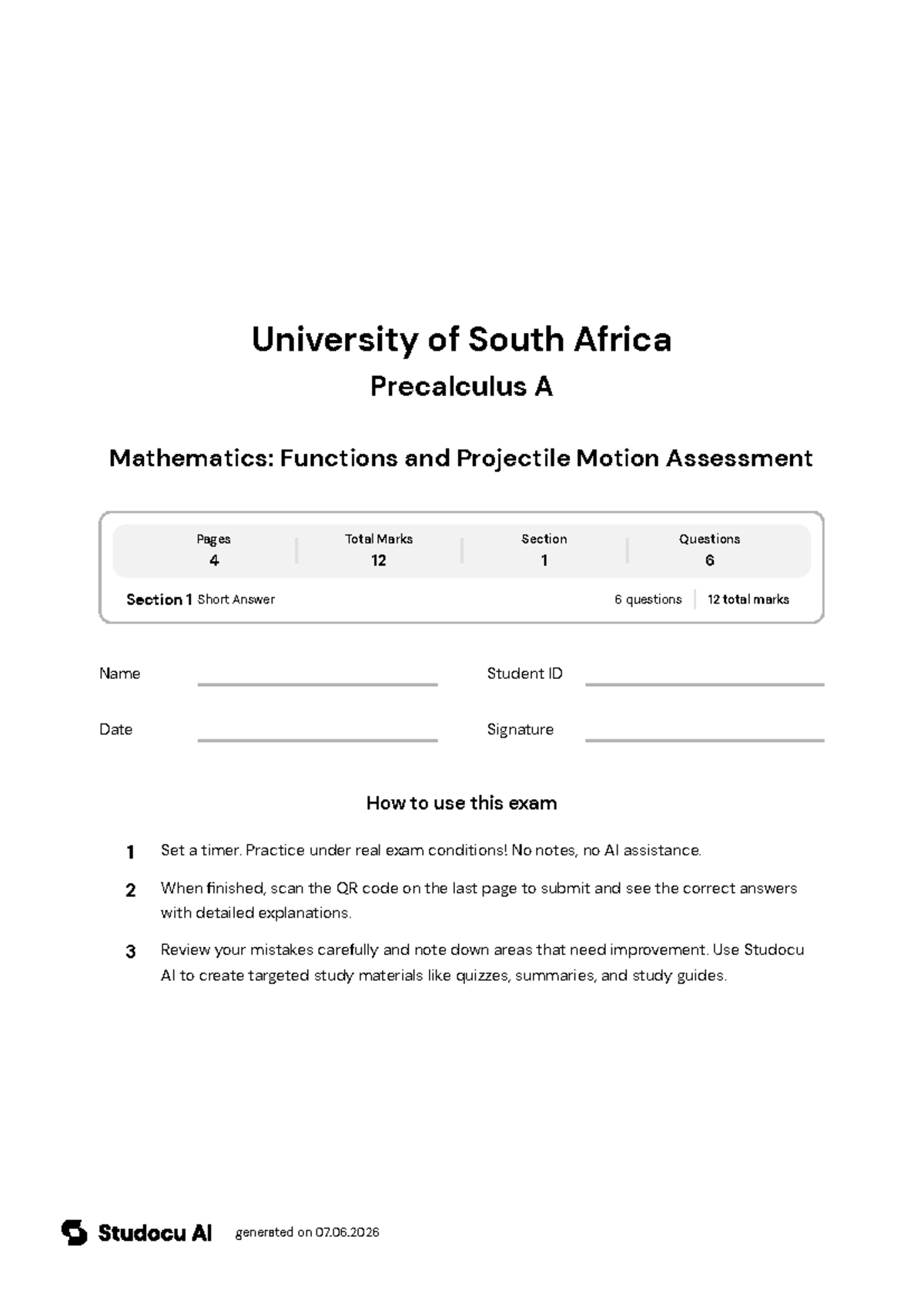Mathematics: Functions and Projectile Motion Assessment - Studocu
