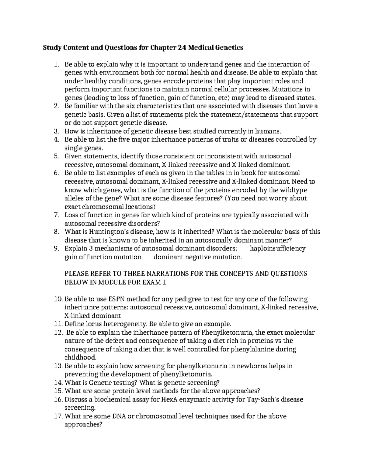 Study Guide for Chapter 24: Medical Genetics Concepts & Questions - Studocu