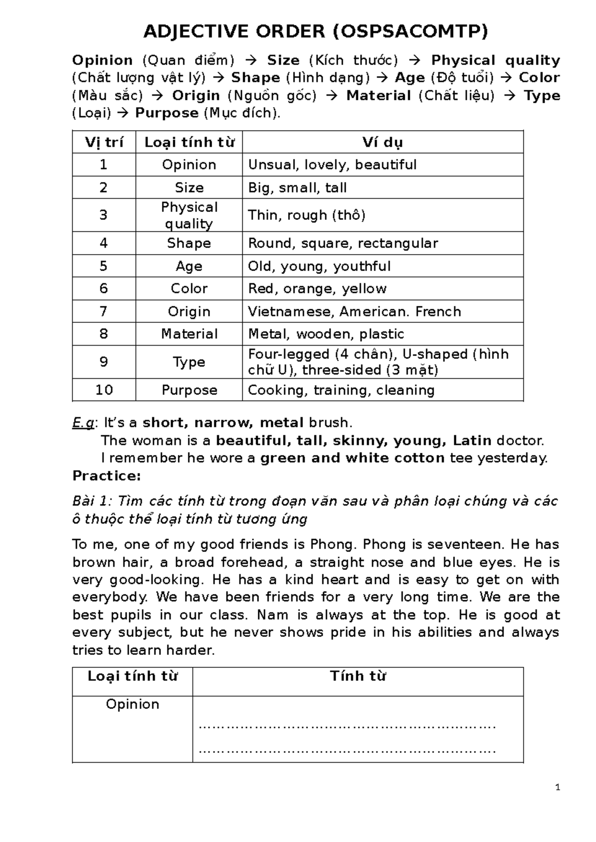 Adjective Order Guide (OSPSACOMTP): Rules, Examples & Exercises - Studocu