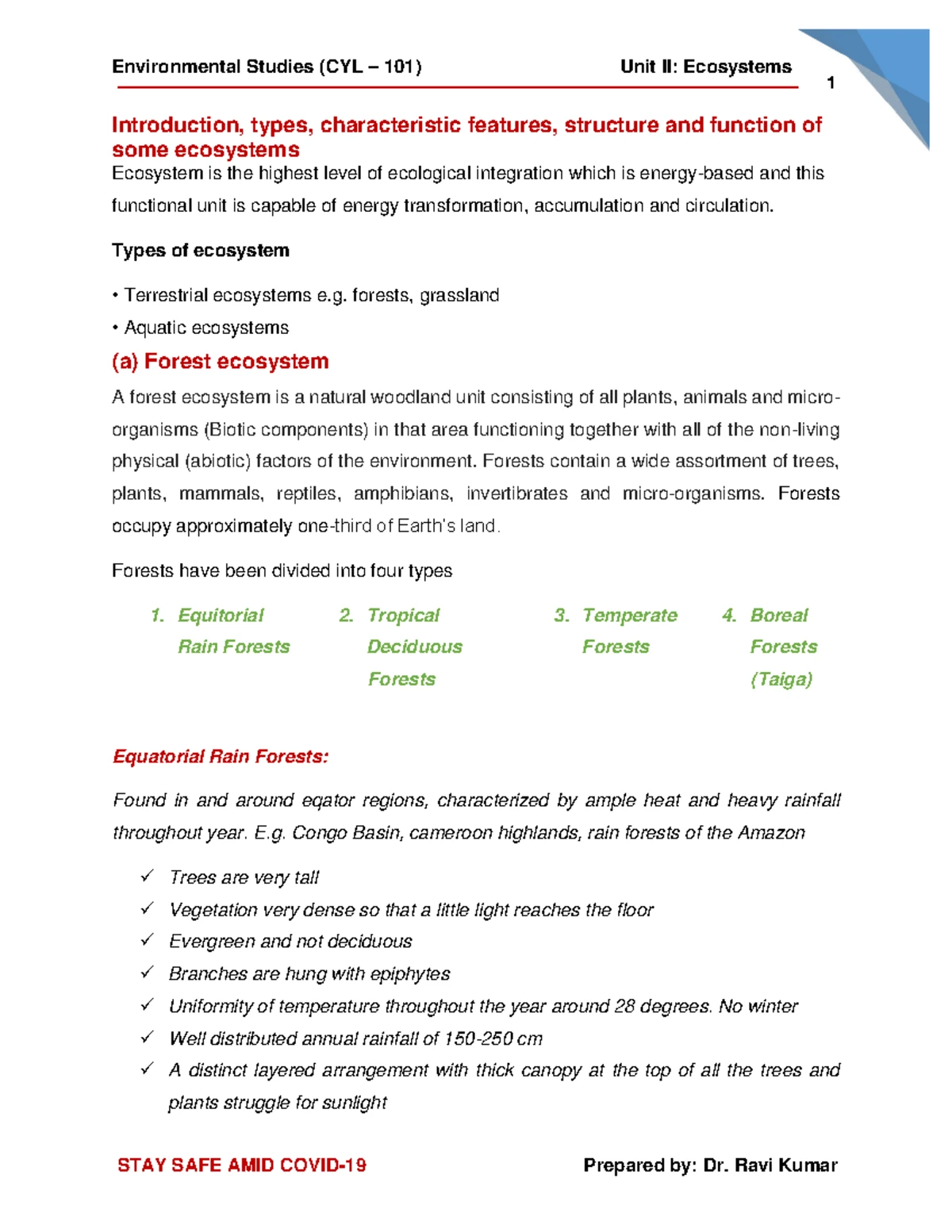Environmental Studies (CYL 101) Unit II Lecture 1 Notes by Dr. Kumar ...