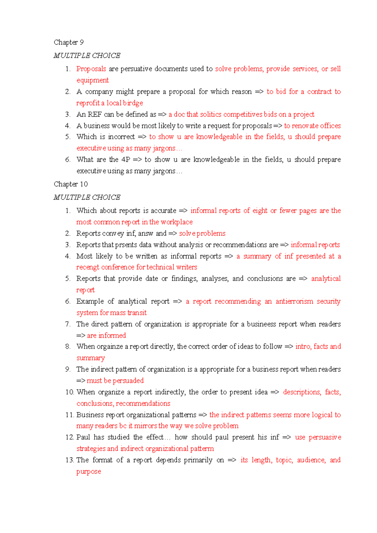 Chapter 9 & 10 Business Reports: MCQs & Key Concepts TACN2 - Studocu