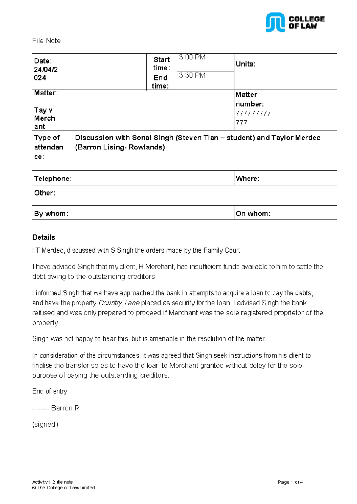 Civil Litigation Task 1.2: Oral Assignment File Note Summary - Studocu