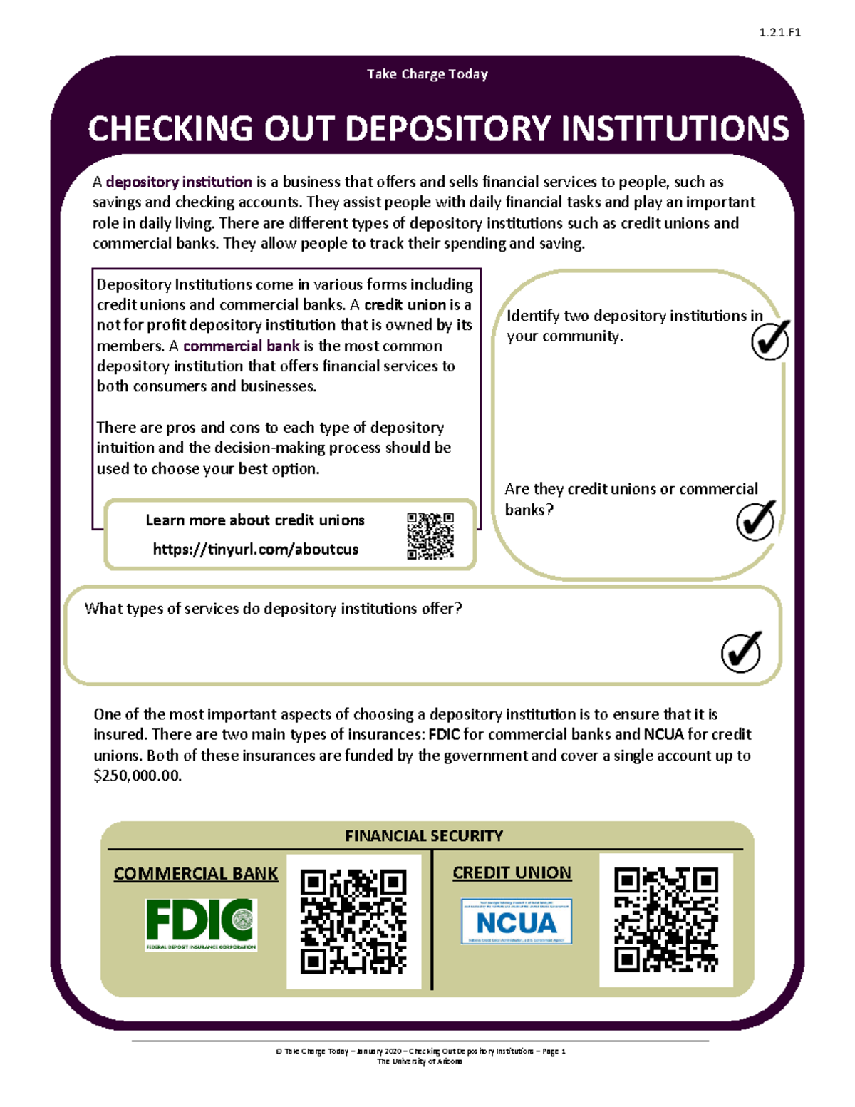 Checking Depository Inst Worksheet - 1.2.1 © Take Charge Today ...