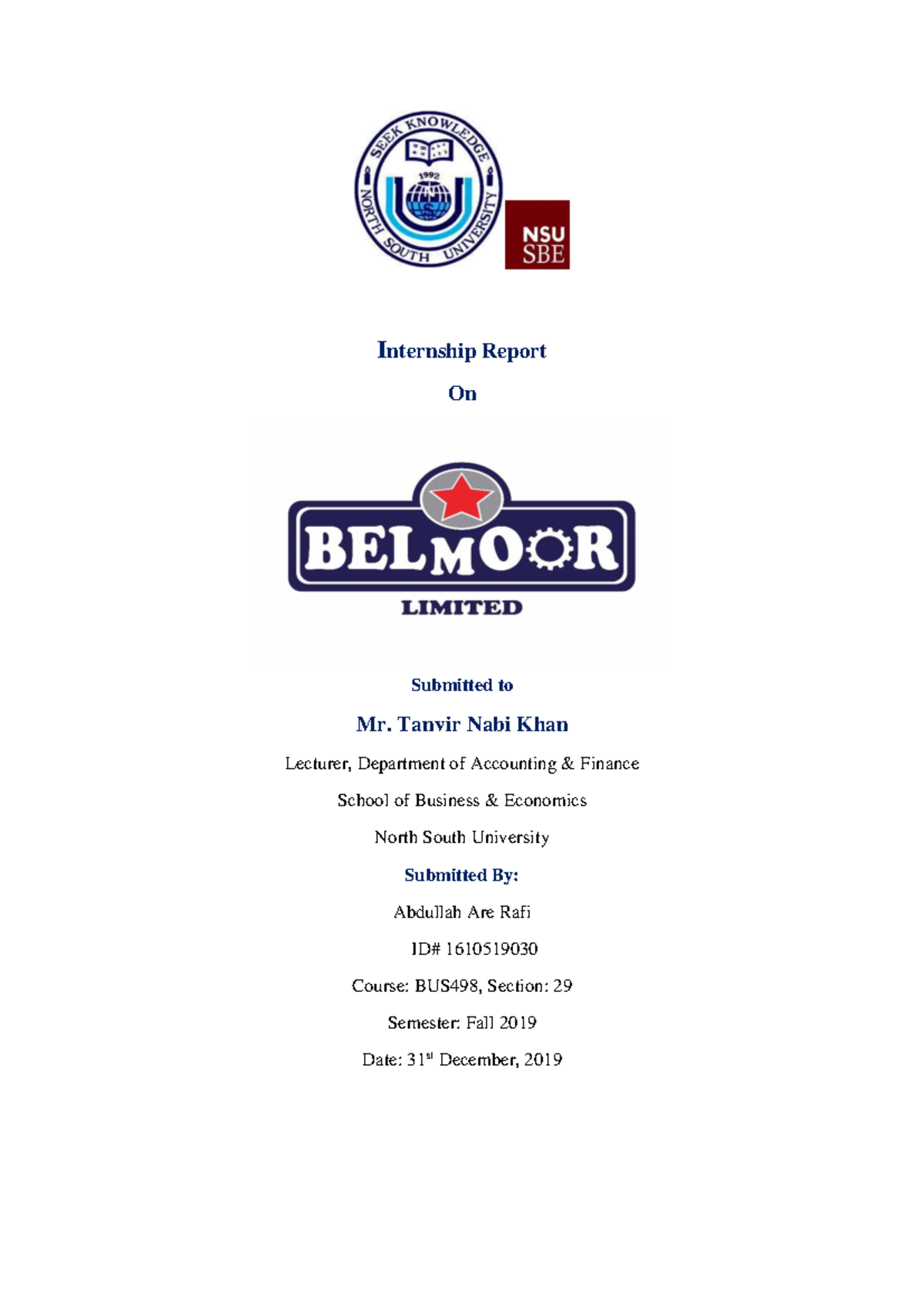 Internship Report On Credit Procedure Analysis Bus498 Fall 2019 Studocu