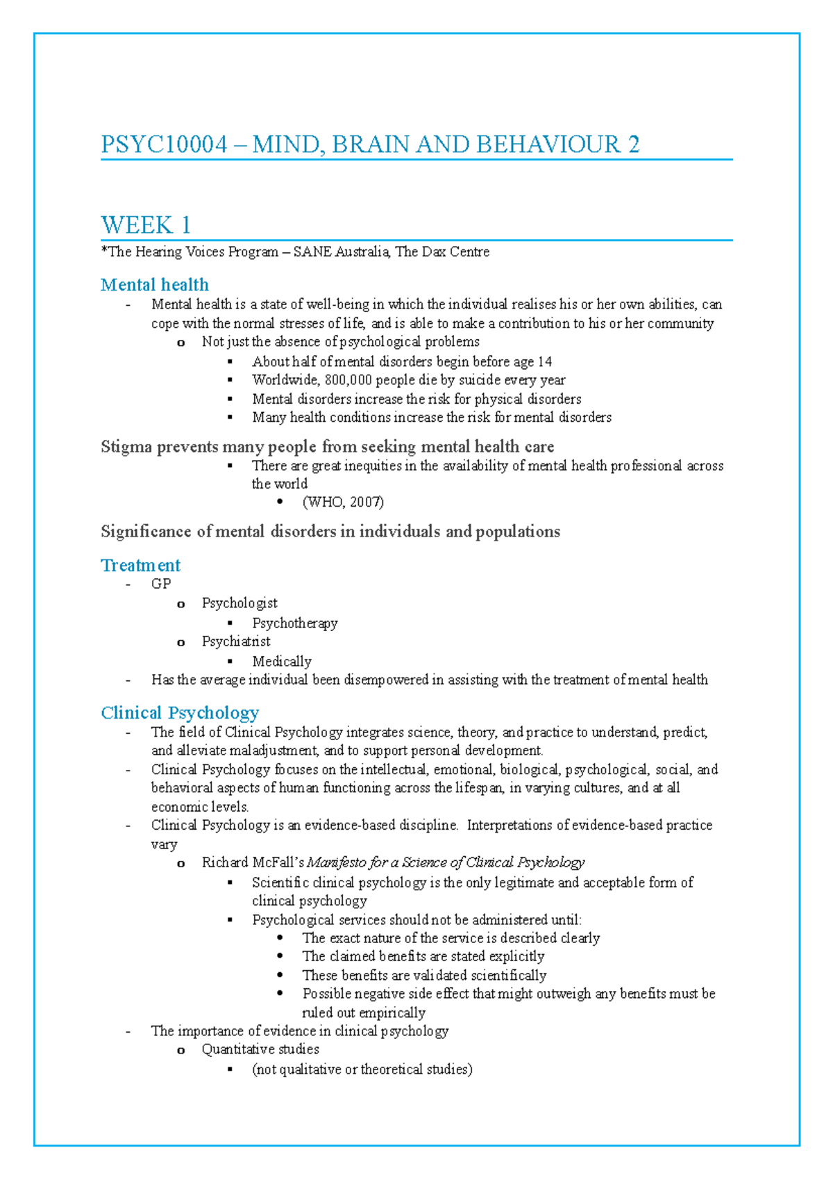 PSYC10004 Lecture Notes: Understanding Mental Health & Disorders - Studocu