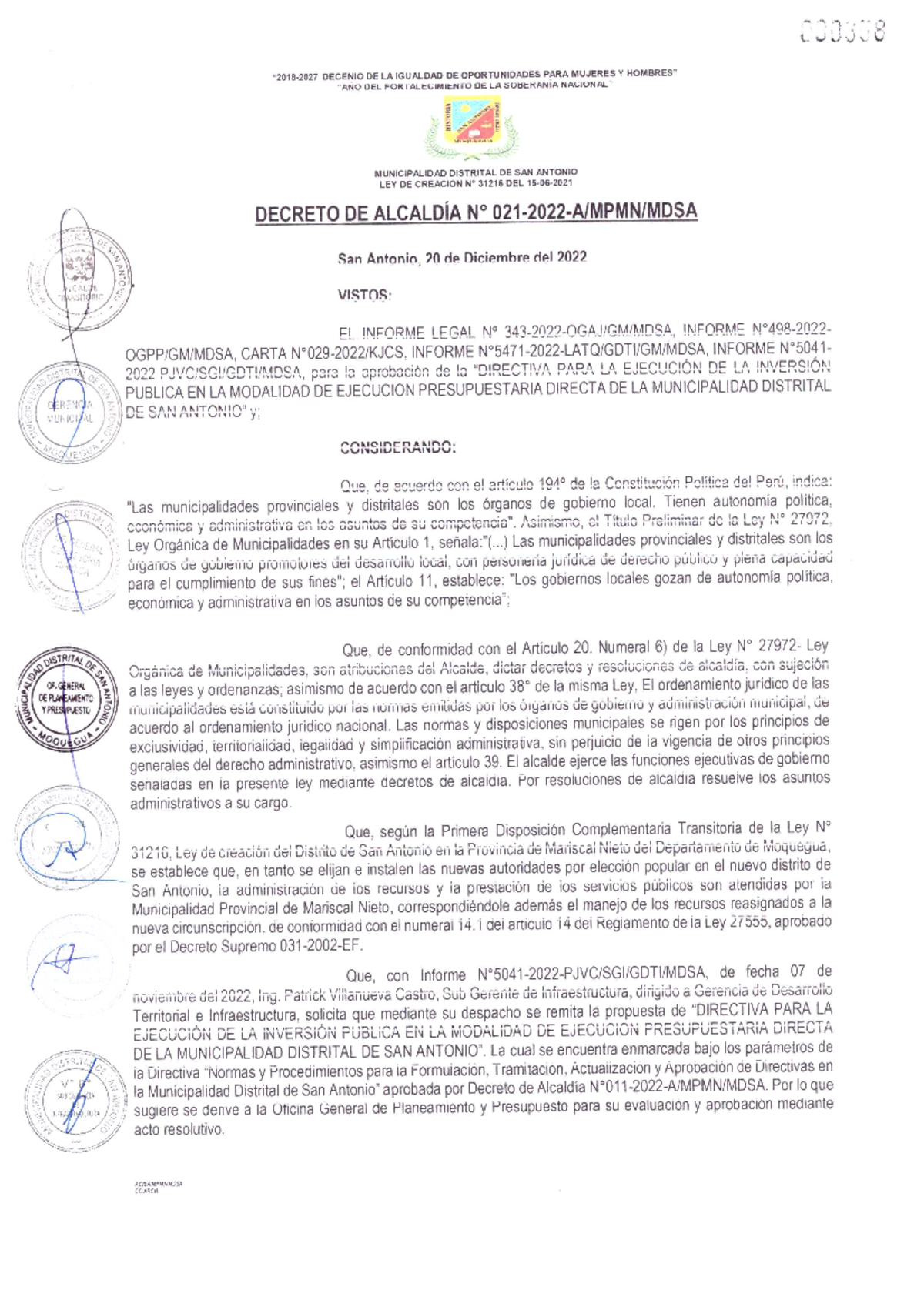 D. A. Nro 021-2022-A-MPMN-MDSA - Ejecución de la Inversión Pública - Document Preview