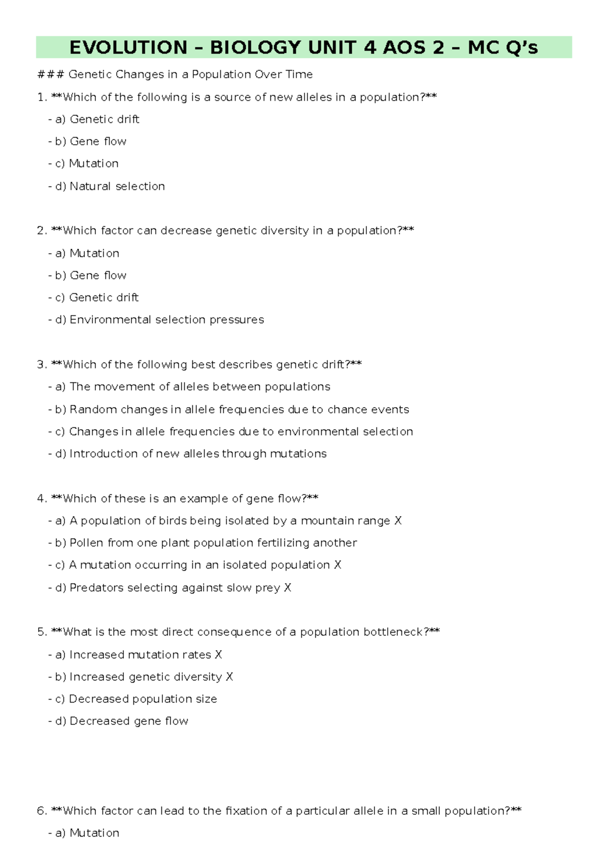 Evolution Multiple Choice Questions - EVOLUTION – BIOLOGY UNIT 4 AOS 2 ...