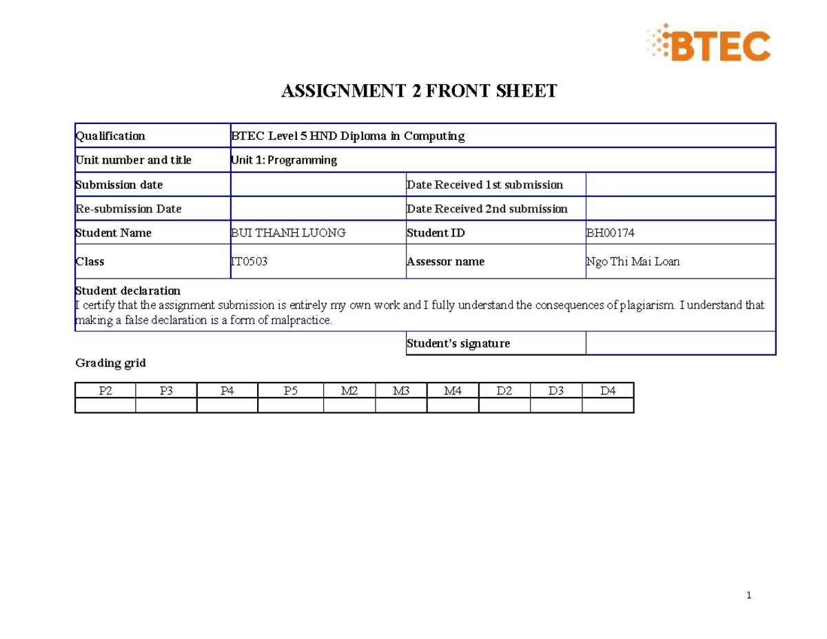 CF ASM2 - hfafaf - ASSIGNMENT 2 FRONT SHEET Qualification BTEC Level 5 ...