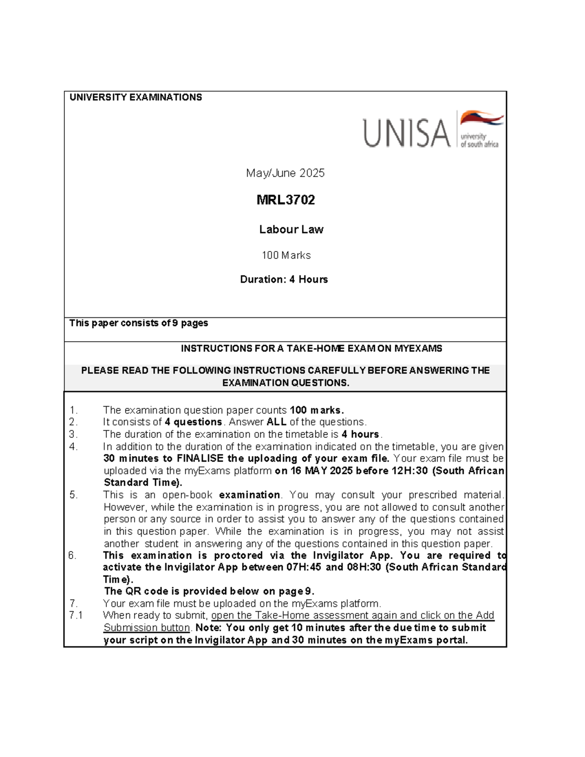 MRL3702 2025 Labour Law Final Exam Instructions and Guidelines - Studocu