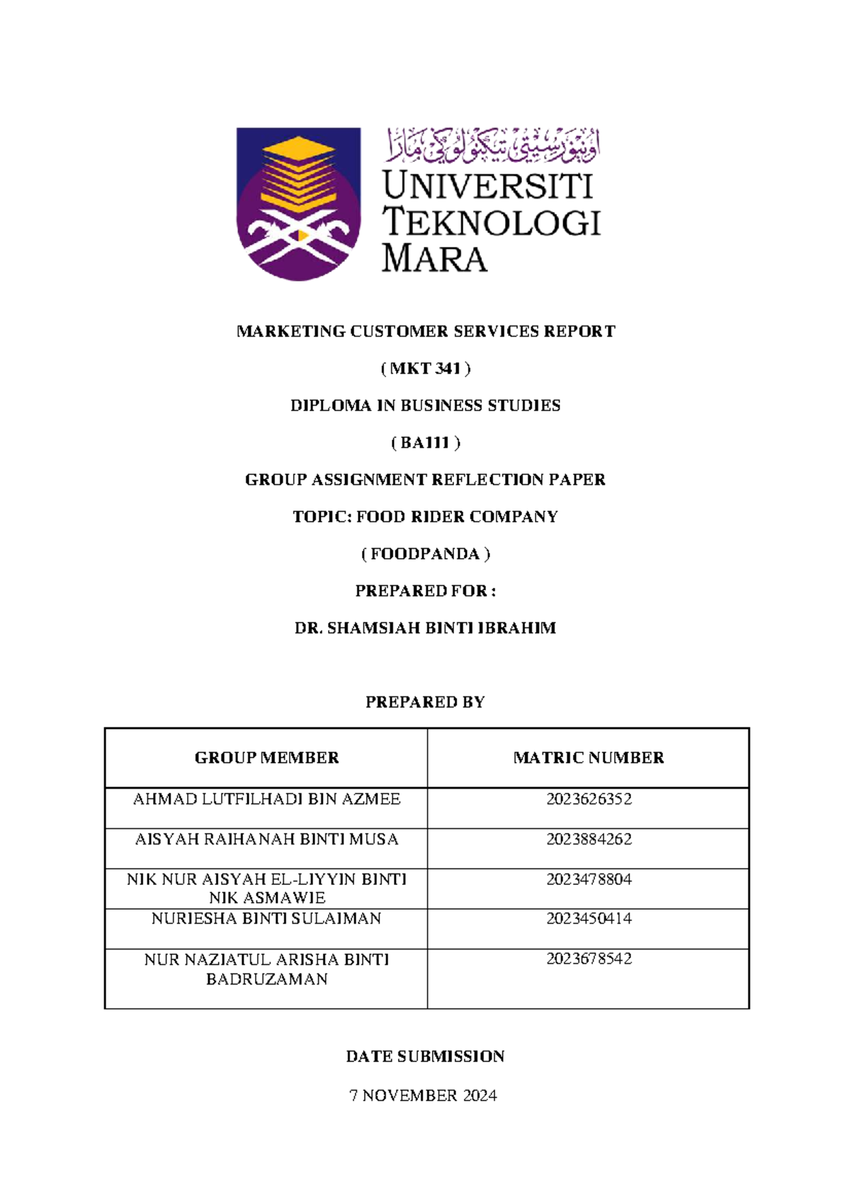 MKT 341 Group Assignment: Customer Service Analysis of Foodpanda - Studocu