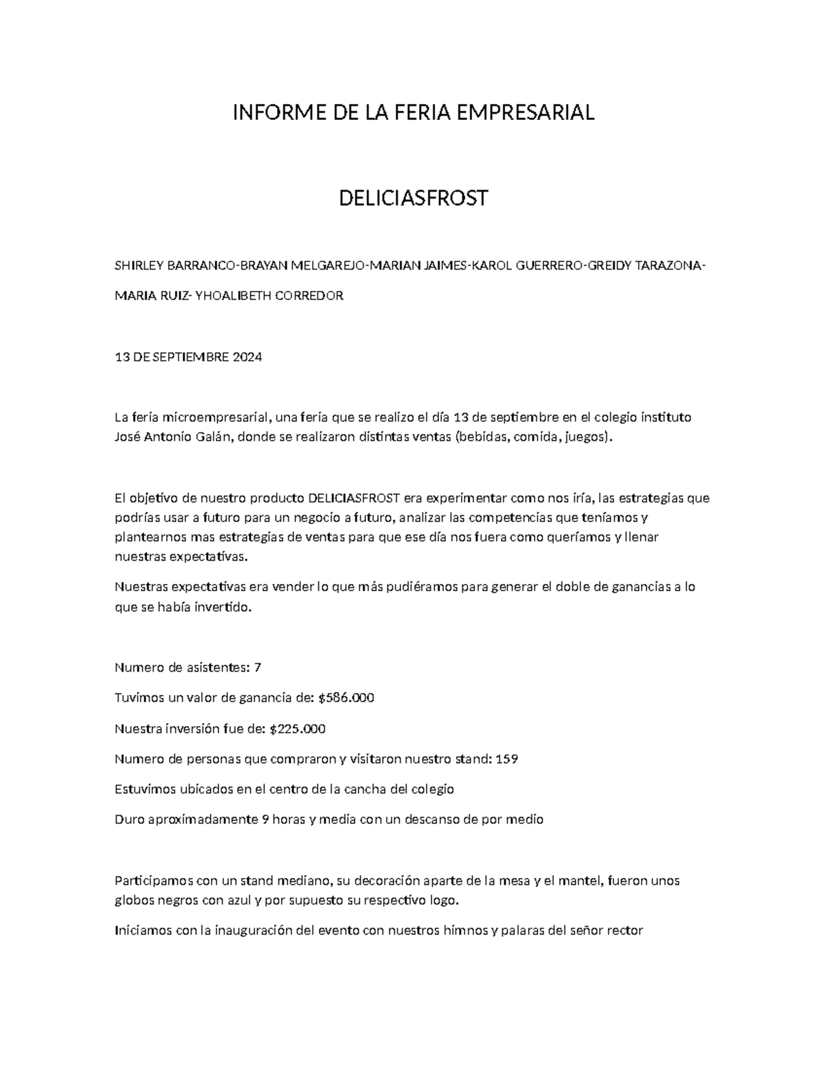 Informe de la Feria Empresarial: Deliciasfrost 13 Sept 2024 - Studocu