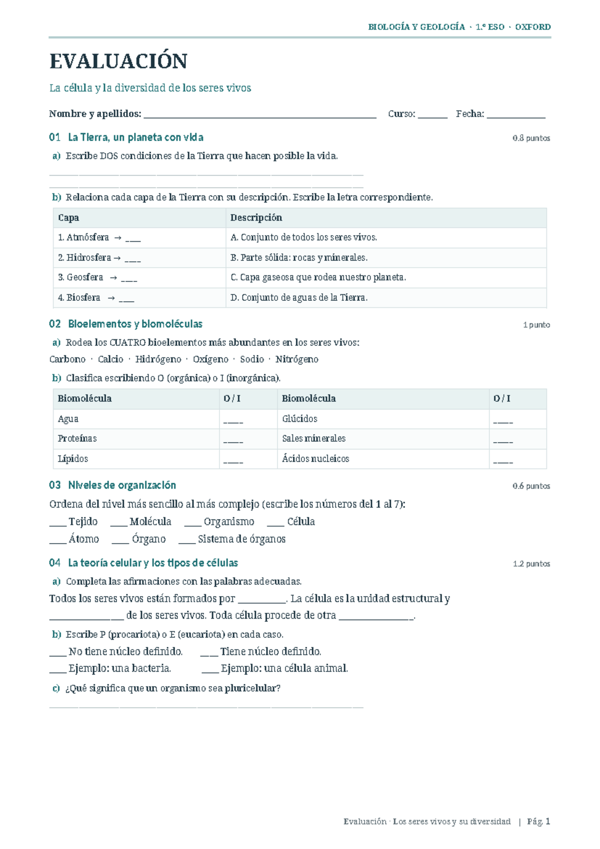 Evaluación de BIOLOGÍA Y GEOLOGÍA 1.º ESO OXFORD: La Célula y ...