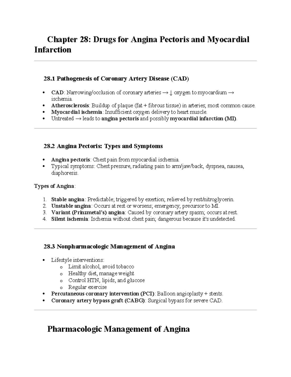 Chapter 28: Angina Pectoris & Myocardial Infarction Management - Studocu