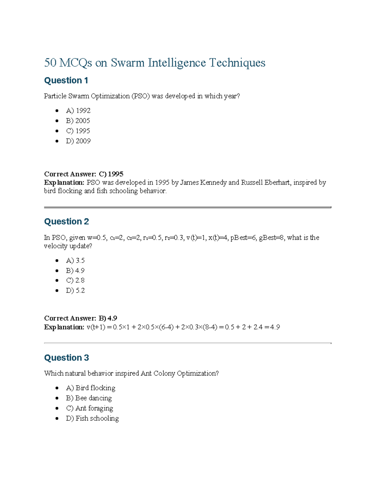 50 MCQs on Swarm Intelligence Techniques for INT 255 - Studocu
