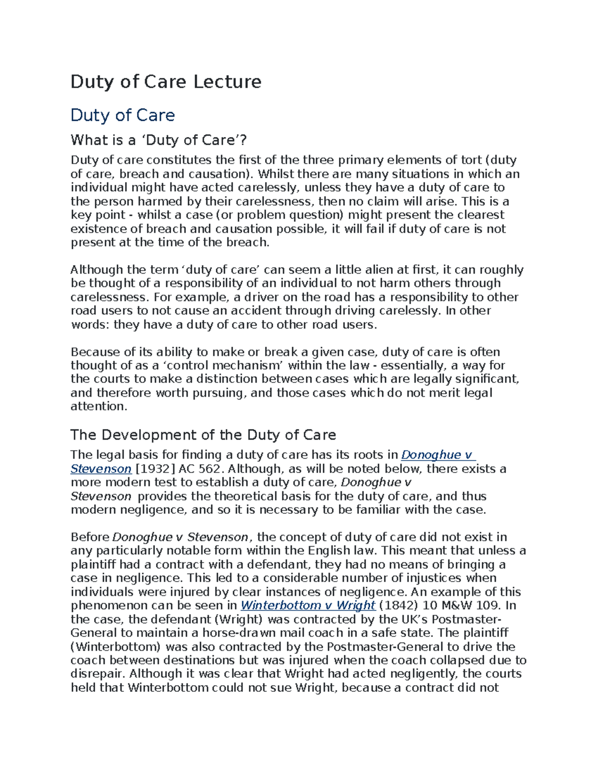 Tort 2: Duty of Care Lecture Notes on Negligence - Studocu
