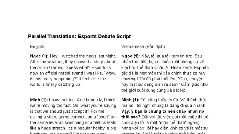 Parallel Translation: Esports Debate Script (ENG-VI) - Studocu