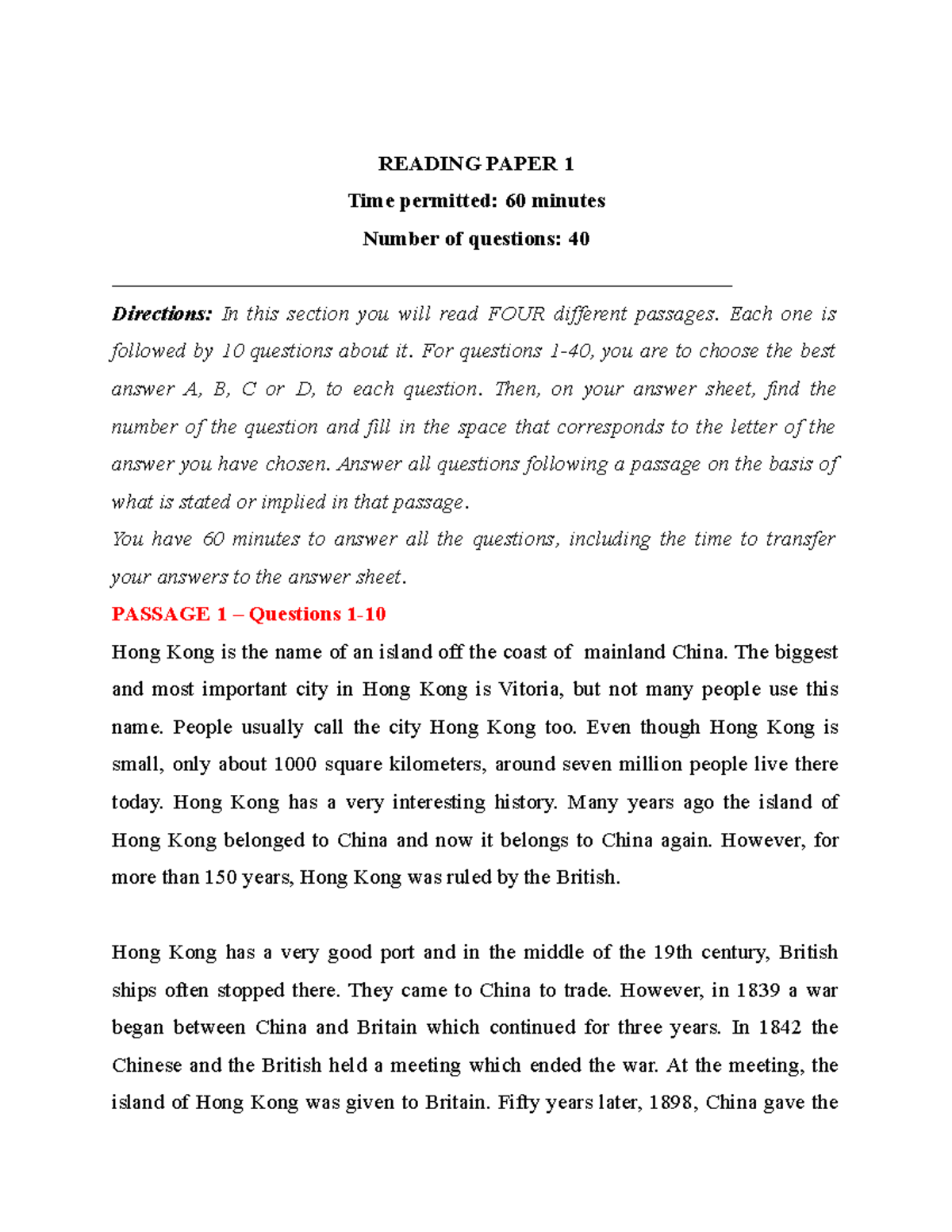 Reading Paper 1 - TATC - READING PAPER 1 Time permitted: 60 minutes ...