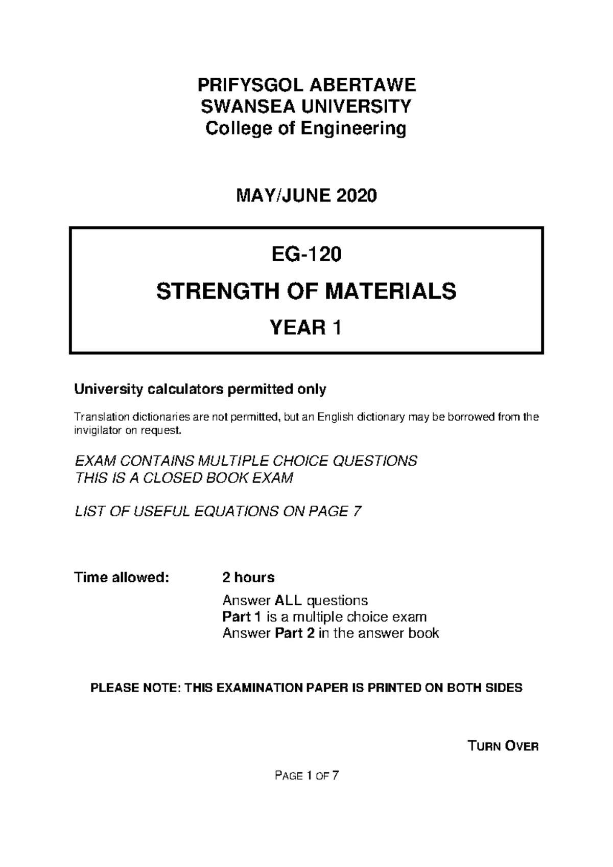 EG-120 EG-131 Strength of Materials Exam Paper - May 2023 - Studocu